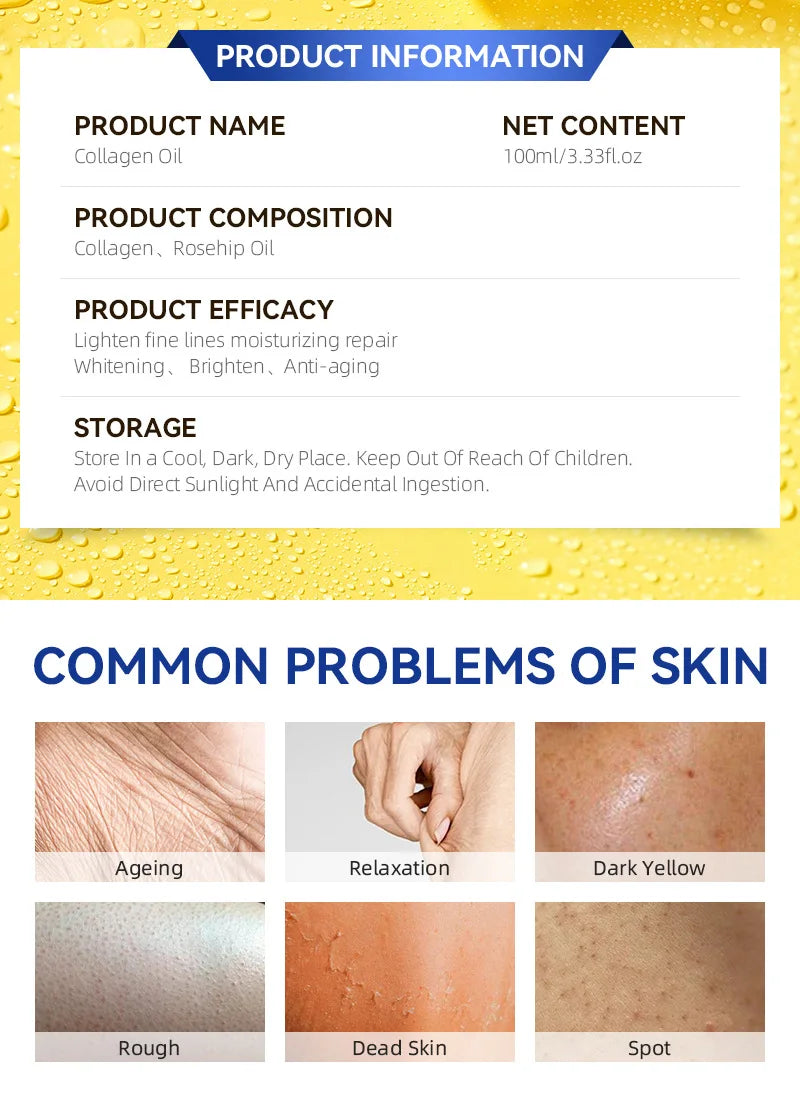 100ml 92% Collagen 75000IU Youthful Glow Oil Lighten Fine Lines Brighten Body Serum Dry Skin Hydrating Plumps, Lifts Massage Oil