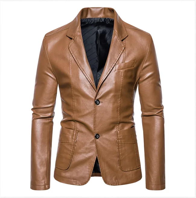 2024 New Men Business Casual Leather Jacket Black / khaki Fashion Male Suit Collar Coats Large Size 5XL Slim Fit Top