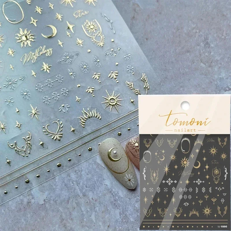 5D Laser Star Moon Snowflake Shiny Rhinestone Embossed Relief Self Adhesive Nail Art Decoration Sticker Manicure Decals