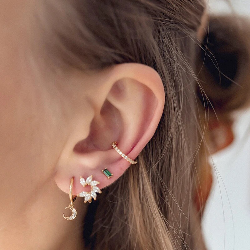 925 Sterling Silver Ear Buckle Green Series Crystal Cube Zircon Pendientes Hoop Earring Fashion Premium Huggie Jewelry For Women