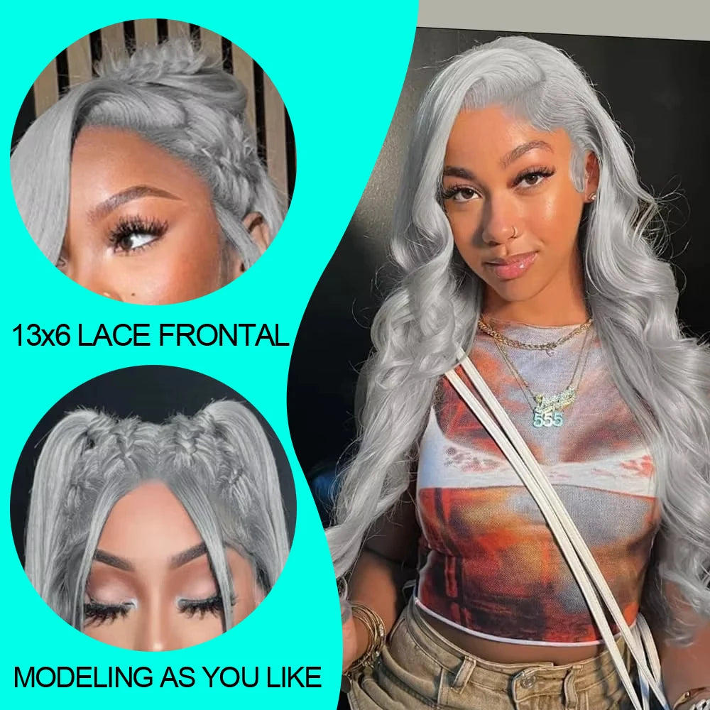 13x6 Silver Grey Body Wave Lace Front Human Hair Wigs Pre Plucked 613 HD Frontal Wigs Brazilian Cosplay Colored Human Hair Wig