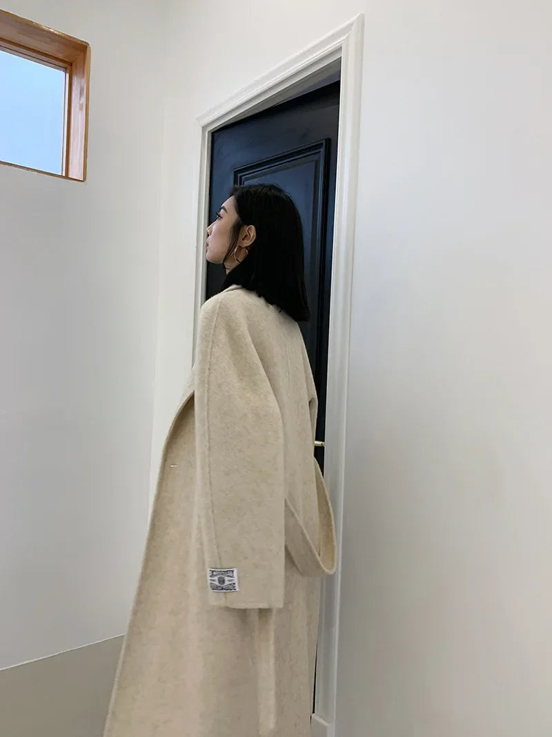 2024 Autumn Winter Wool Coat Women Double-breasted Solid Color Women's Double-sided Woolen Belt Coats Loose Warm Wool Jacket