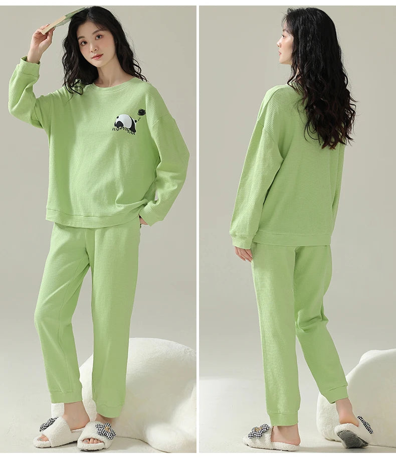 SUKAE Waffle Cotton Korean Minimalist Style Women Pajamas Spring Autumn Long Sleeves Lady Sleepwear Kawaii Round Neck Homesuits