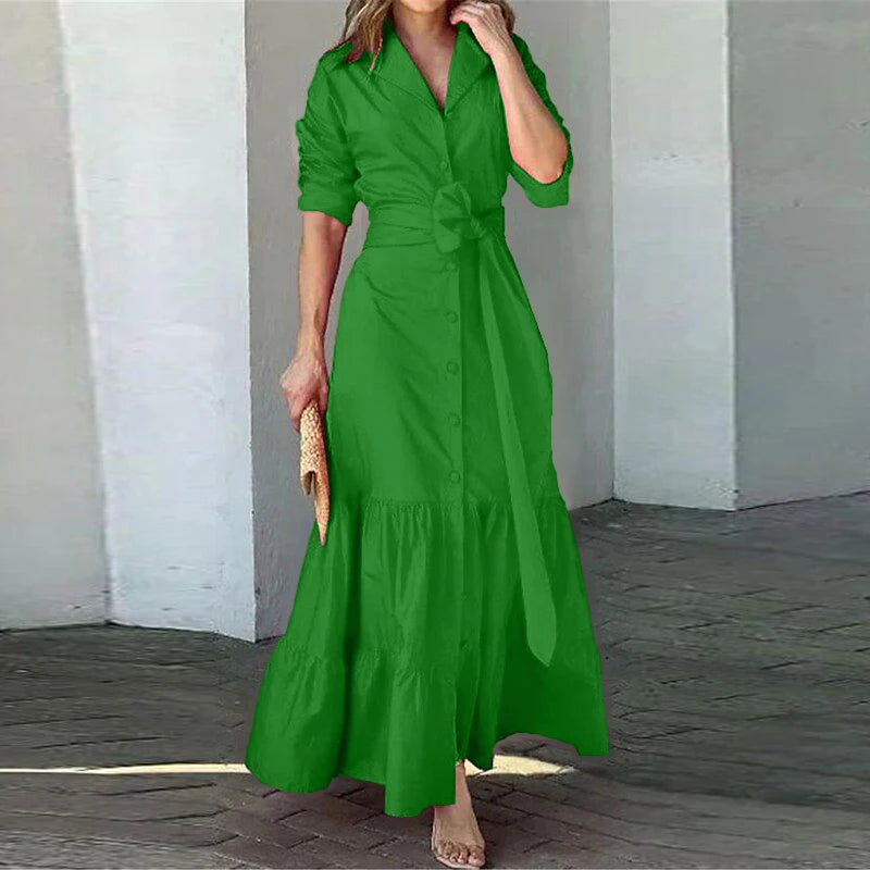 VONDA Plus Size 5XL Long Sleeve Shirt Dress Elegant Women Ruffled Sundress Buttons Solid Color Casual Lapel Belted Party Vestido