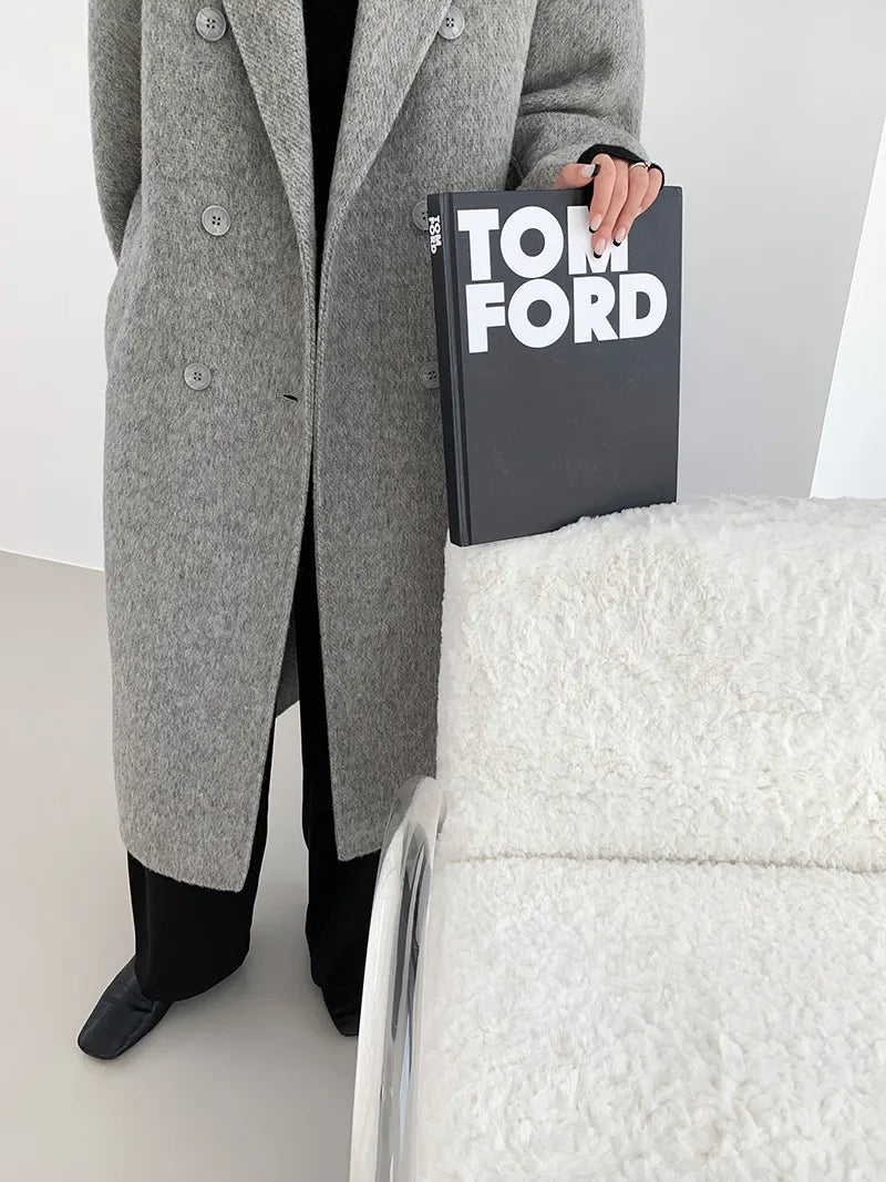 2024 Autumn Winter Wool Coat Women Double-breasted Solid Color Women's Double-sided Woolen Belt Coats Loose Warm Wool Jacket