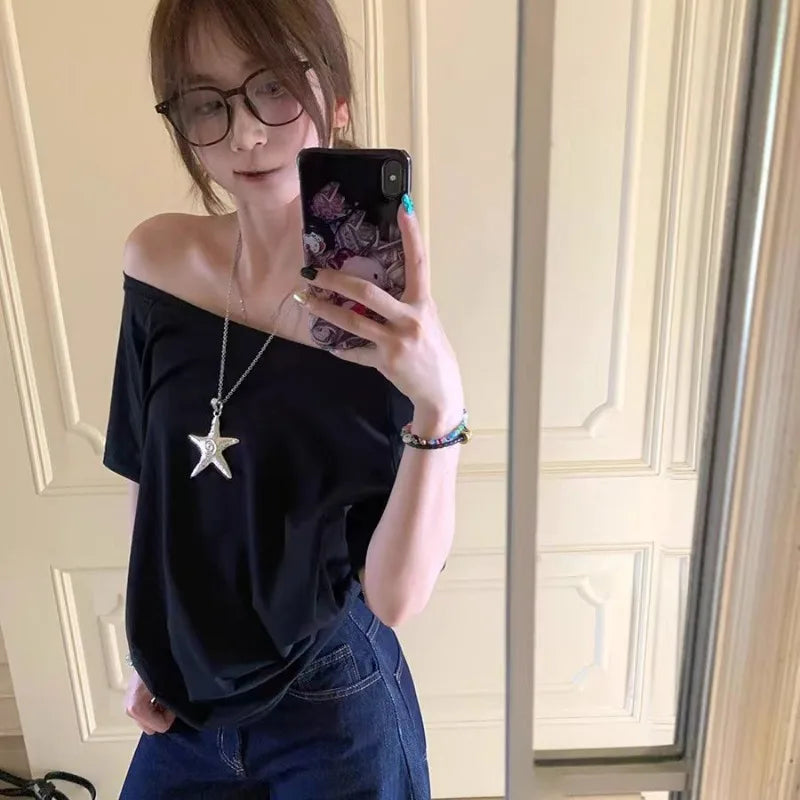 T-shirts Women Niche Design Off Shoulder Solid Short Sleeve Summer Chic Loose Casual Daily Simple Sexy Korean Trendy Street Tops Freshlook Styles