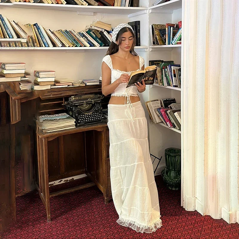 2 Piece Sets Lace Patchwork Beach Holiday Matching Set Outfits Sexy Summer Women Square Neck Crop Top and Long Skirt