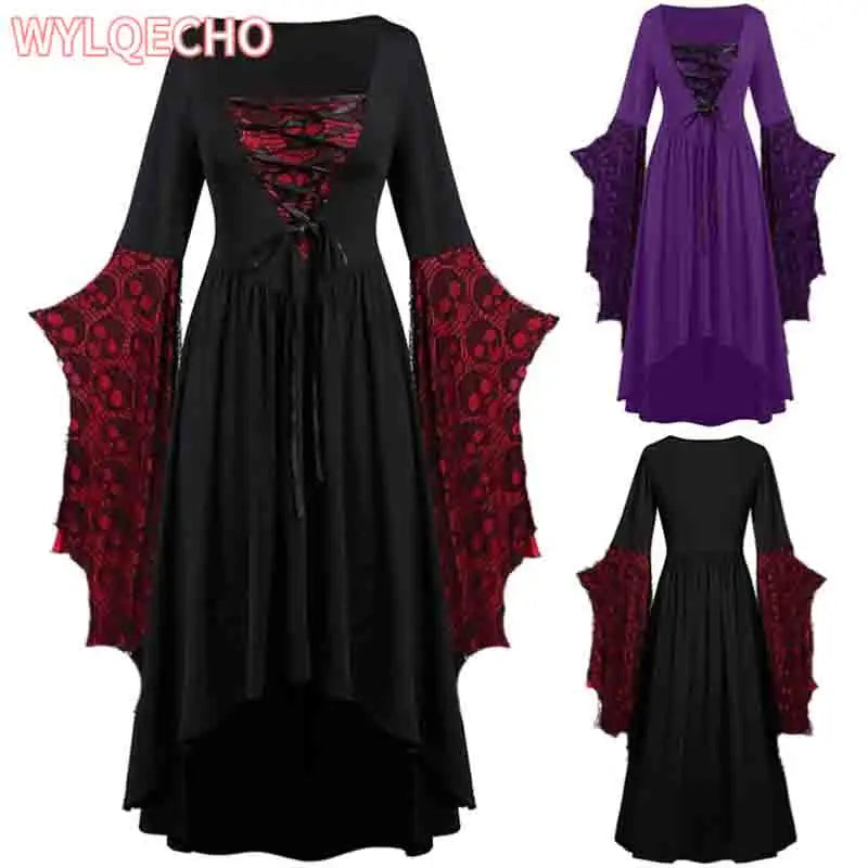 Vintage Halloween Cosplay Costume Witch Vampire Gothic Dress Ghost Dresses Up Party Printed Medieval Ghost Bride Female Clothes Viralgem Store