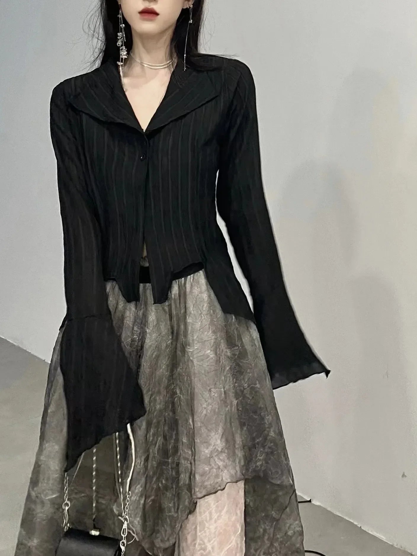 Yamamoto Style Black Shirt Women's Extended Sleeves Irregular Blouses Babes Retro Dark Aesthetic Clothes Gothic Tops