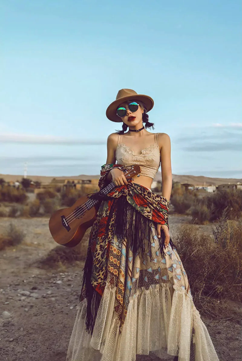 Women‘s Travel Holiday Wear Bohemian Colorful Embroidery Lace Ruffles Skirt Asymmetrical Hem Skirt Female Shiny Gold Mesh Skirts