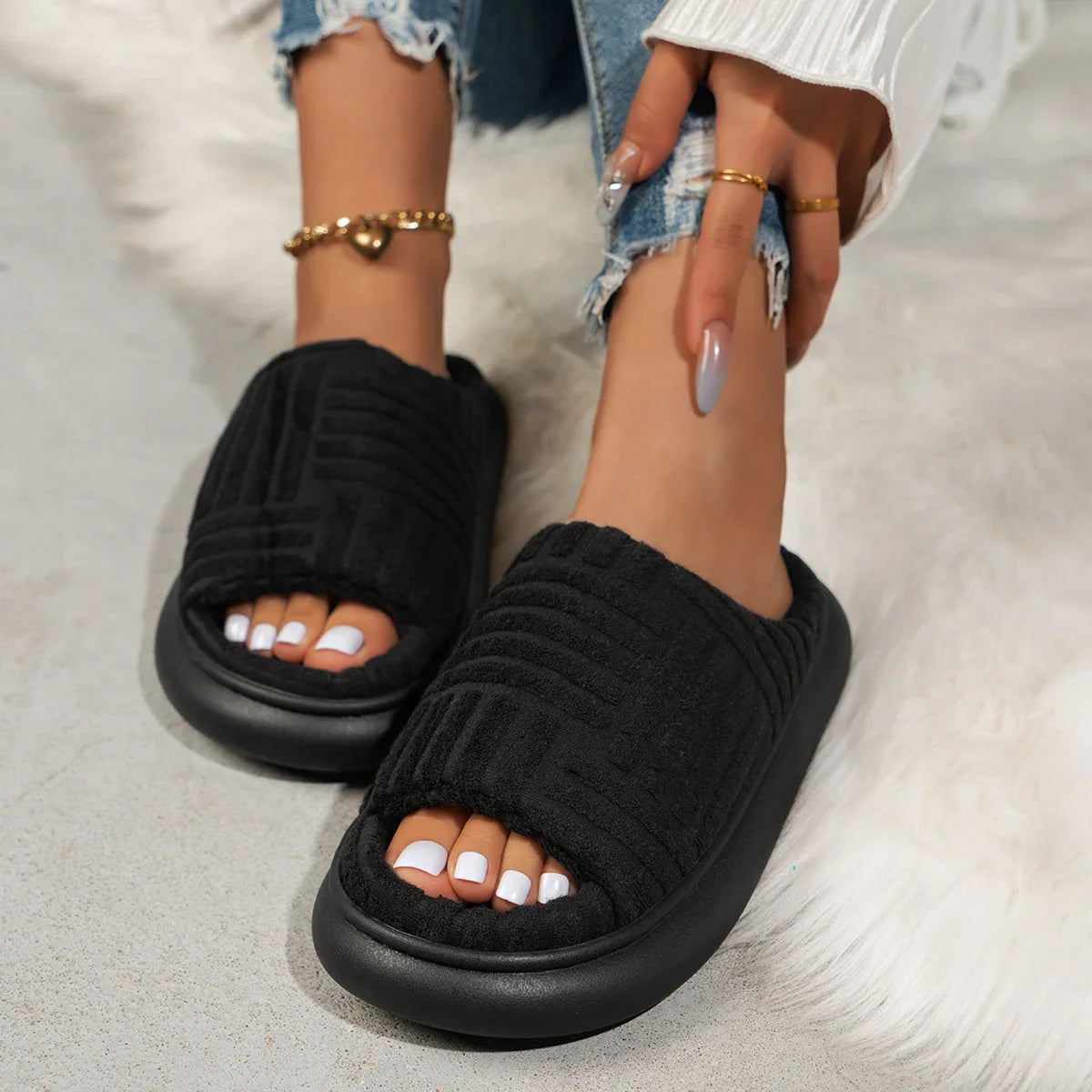 Women's 2024 Spring and Autumn Towel Pattern Thick Sole Home Fashion Anti Slip Towel Sole External Slippers Sandals Outdoor Viralgem Store