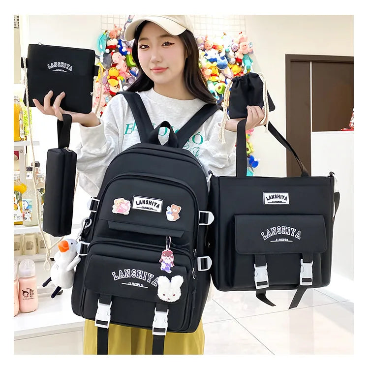 5-piece Set of Free Pendants Forest Style Korean Version Casual Harajuku Student Backpack for High School Girls Large Capacity Viralgem Store