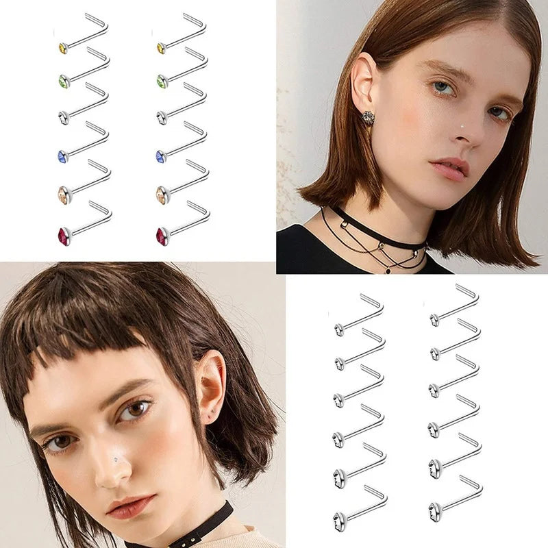 40/60Pcs Straight Nose Stud Curved Pack Crystal Nose Ring Set Stud Lot Nariz Nase Pircing Nose Ring Set Bend Piercing Non-Pack