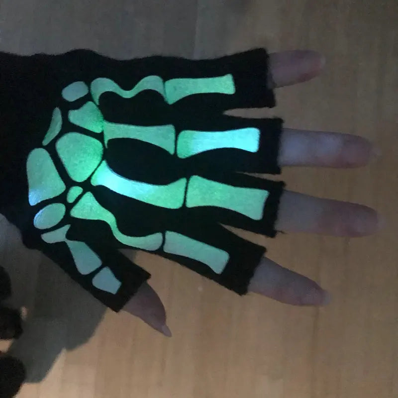 Unisex Halloween Skull Gloves Punk Luminous Glow in The Dark Skeleton Half Finger Glove Cosplay Non-slip Wrist Stretch Mittens Viralgem Store