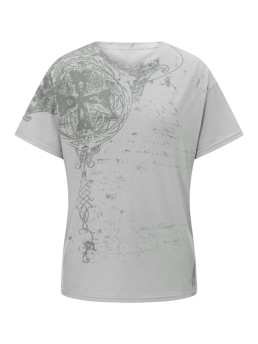 y2k Grunge Crop Top Women Summer Gothic Star Print Round Neck Short Sleeve T Shirt 2000s Cybercore Clothes Streetwear