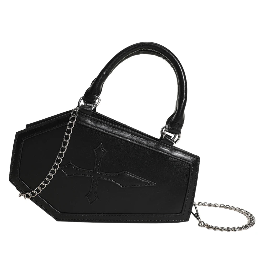 Women Crossbody Bag Large Capacity Coffin Shape Phone Shoulder Bag Halloween PU Top Handle Bag for Travel Make Up Cosmetic Bag