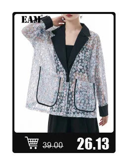 [EAM] Loose Fit Black Denim Big Size Sweatshirt New High Collar Long Sleeve Women Big Size Fashion Spring Autumn 2024 1K166