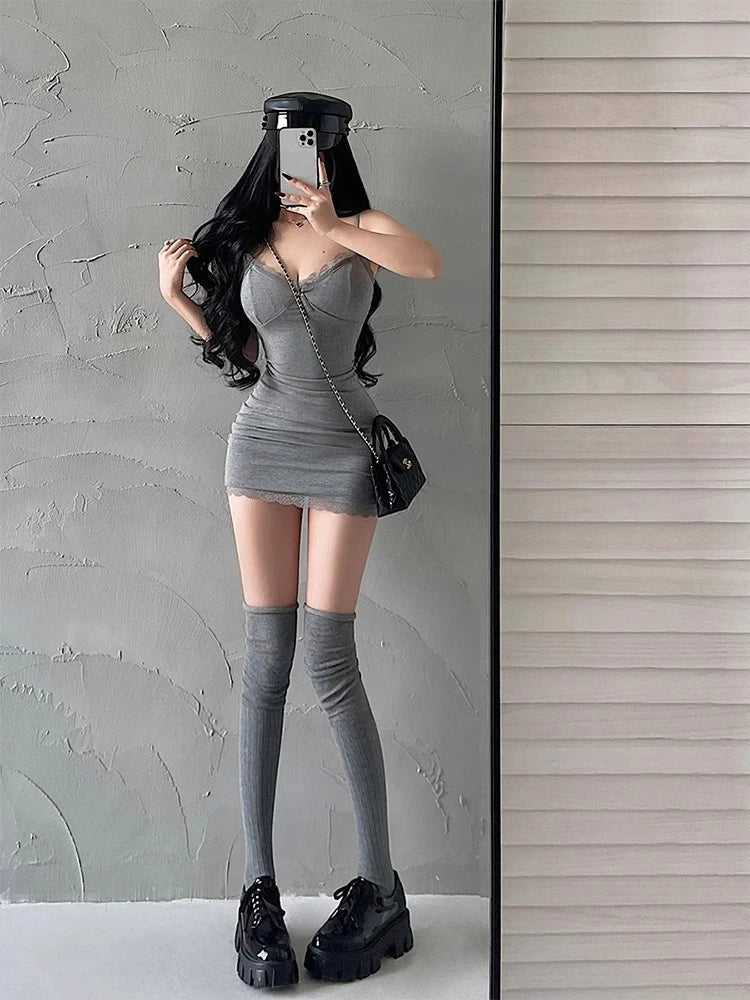 Y2K Retro Lace Patchwork Spaghetti Strap Black Bodycon Dress Mini Fashion Aesthetic Bow Club Party Sexy Dresses for Women Viralgem Store