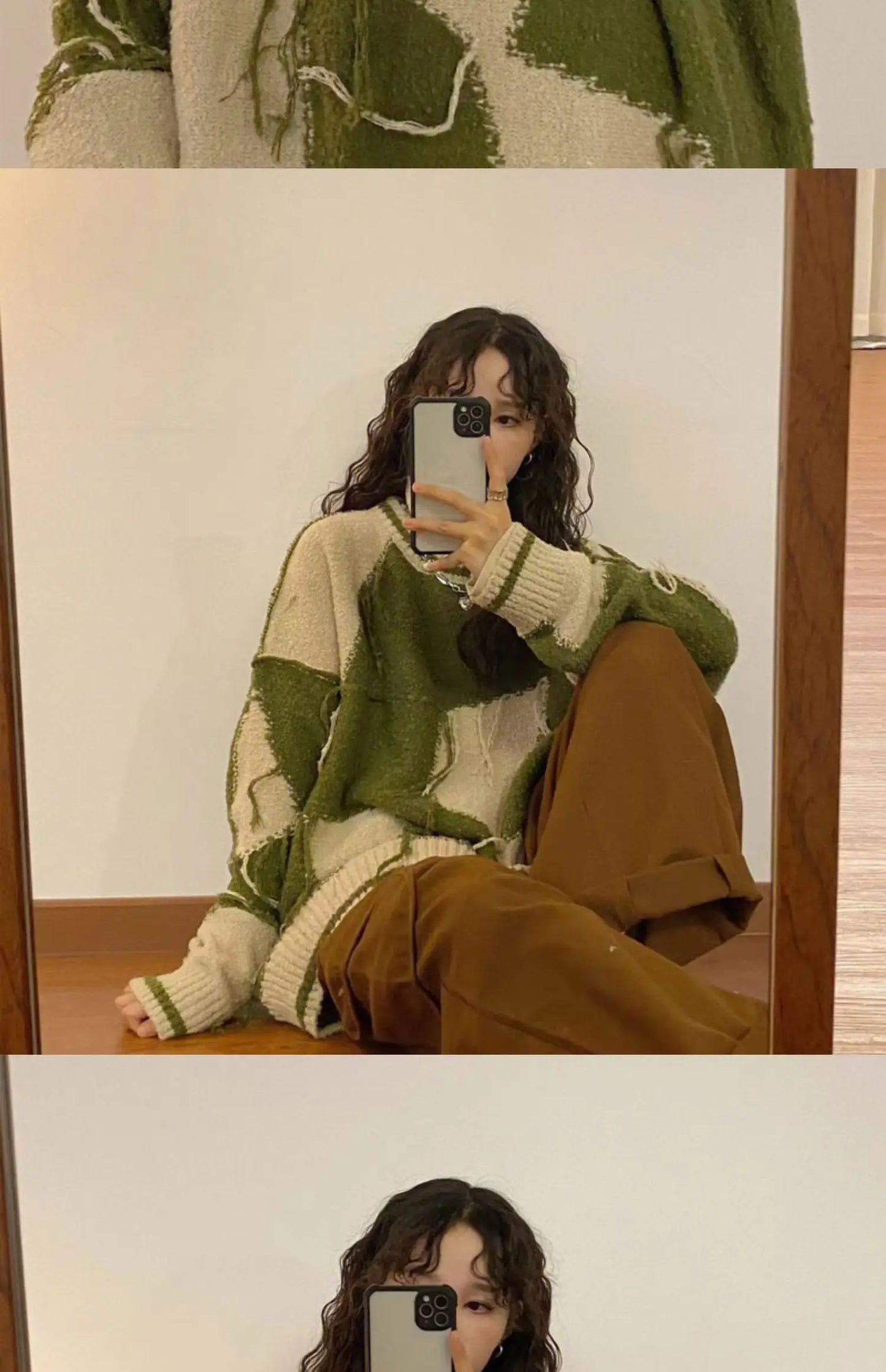 Women's Green Gothic Y2k Two-tone Knitted Sweater Harajuku Korean Y2k Long Sleeves Jumper Sweaters Vintage 2000s Clothes Autumn