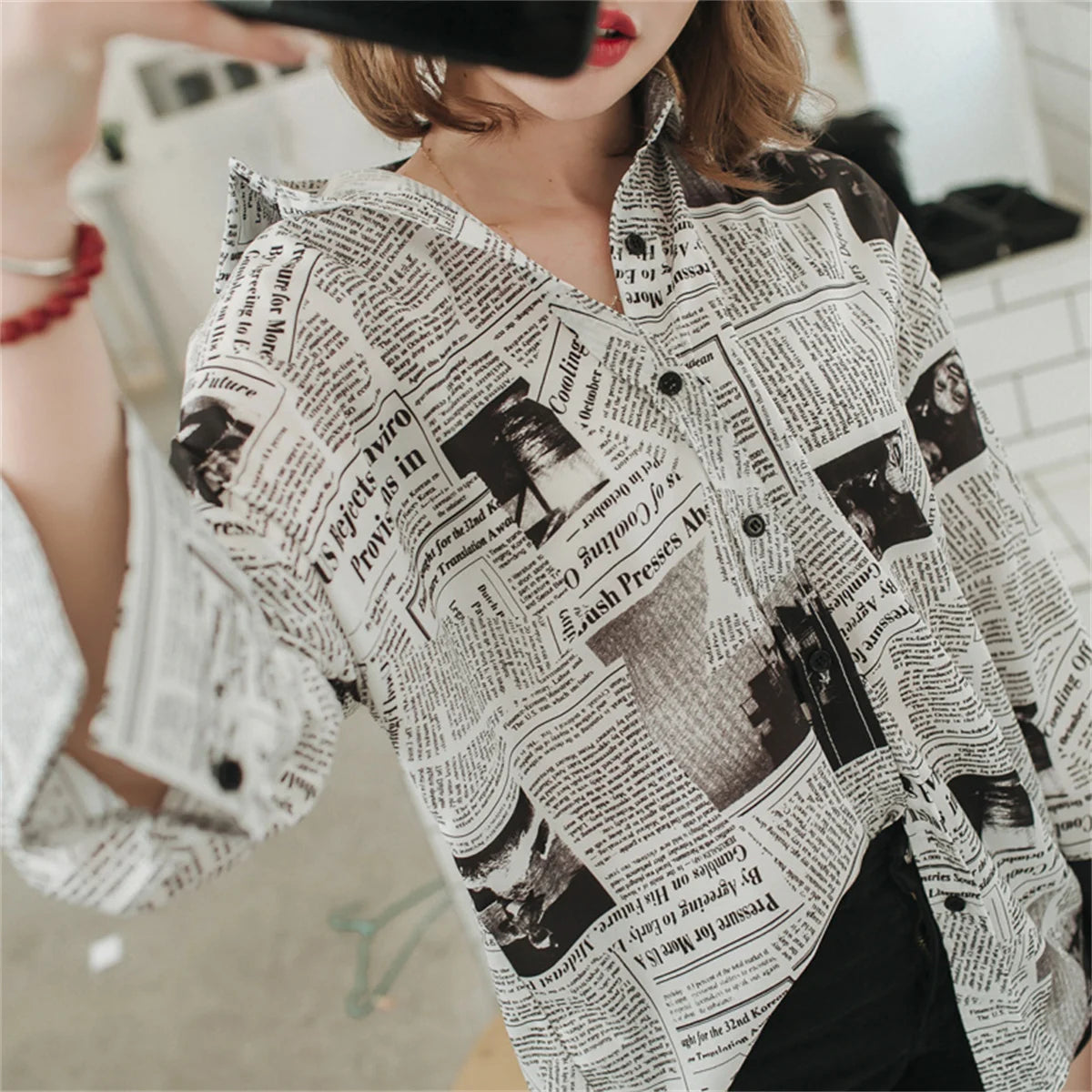 Trendy Shirt Blouse Simple Thin Newspaper Print Shirt Summer Loose Shirt Top Women Solid Color Sun Protection Shirt Streetwear Freshlook Styles