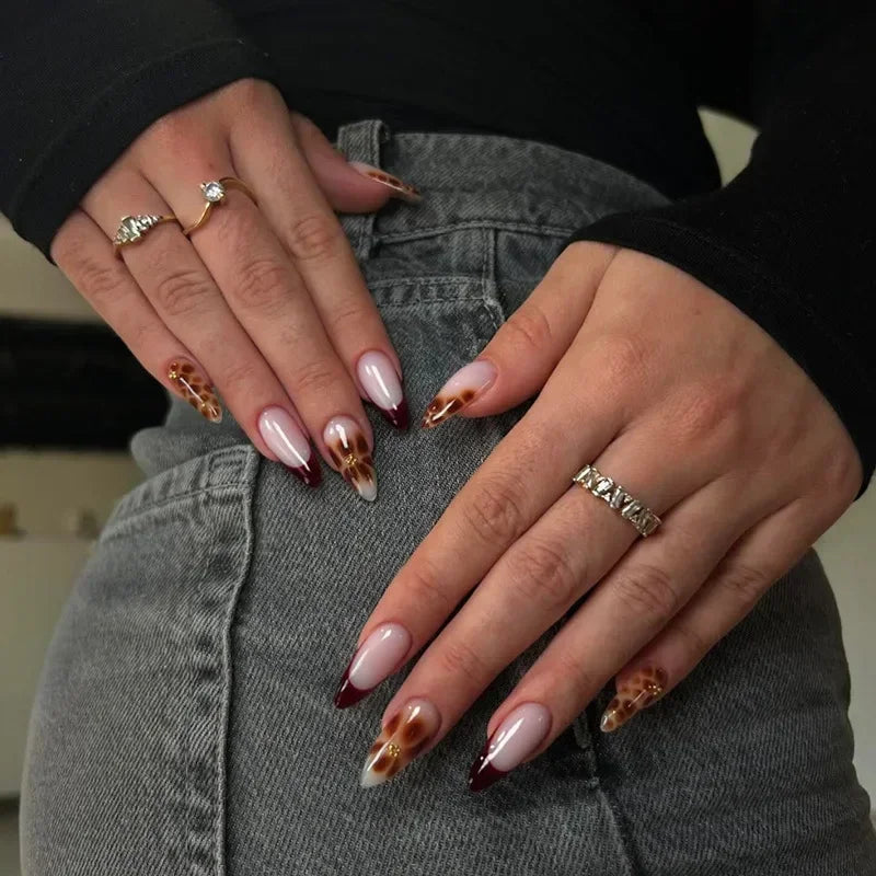 24Pcs Autumn Winter Matte Almond False Nails with Glue Rose Leaf Printing Nail Art Simple Full Cover Press on Acrylic Nails Tips Viralgem Store