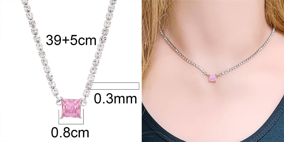 Stainless Steel Necklace Tennis Chain Hip Hop Square Pendant Necklace Star Heart Zircon Choker Necklaces For Women Jewelry