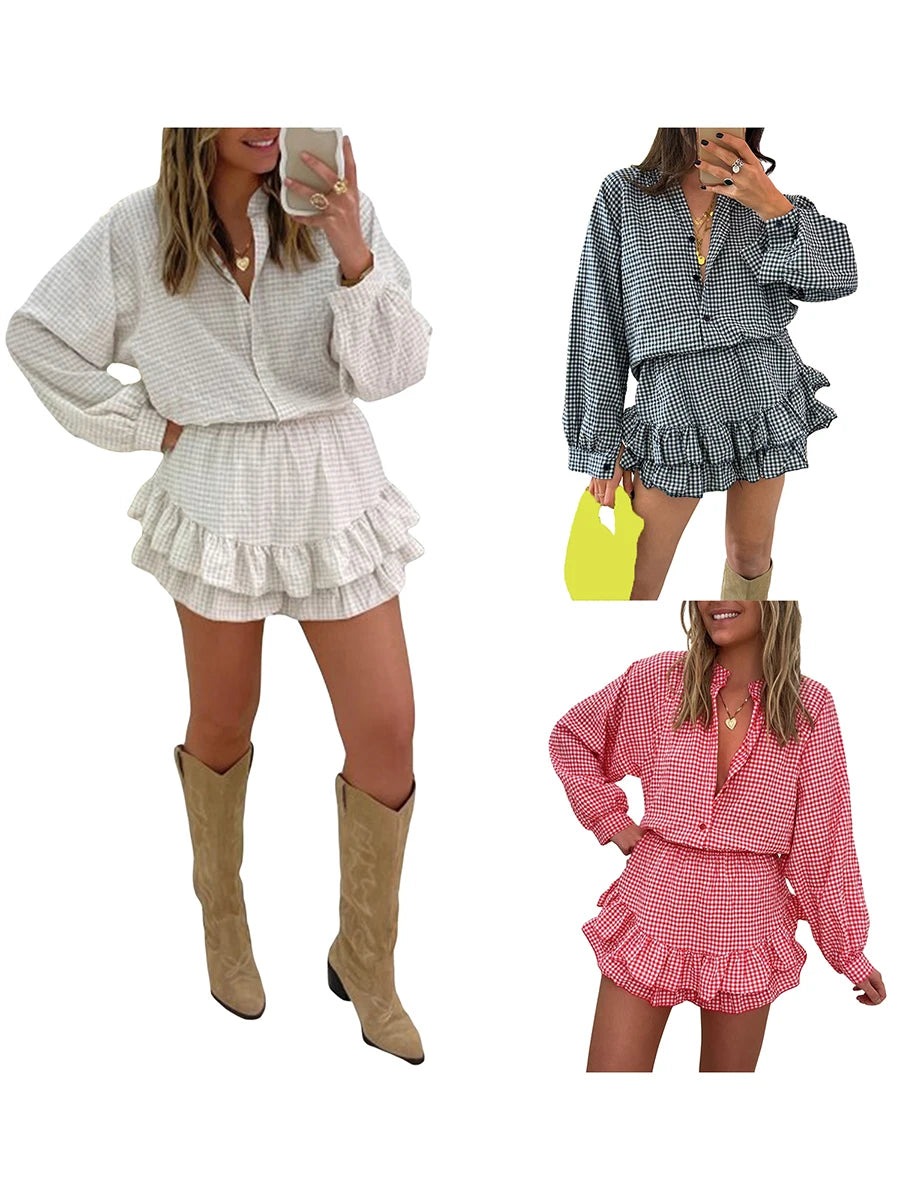Women Retro Aesthetic Two Piece Outfits Skirts Sets Plaid Print Long Sleeve Button Shirts+High Waist Layered Mini Skirts Clothes Viralgem Store