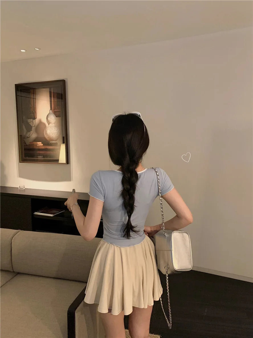 Sweet Spicy Girl Style Tie Straps V-neck Women's Knitted T-shirt Show Slim Figure Short Sleeved Tops Youth Elegant