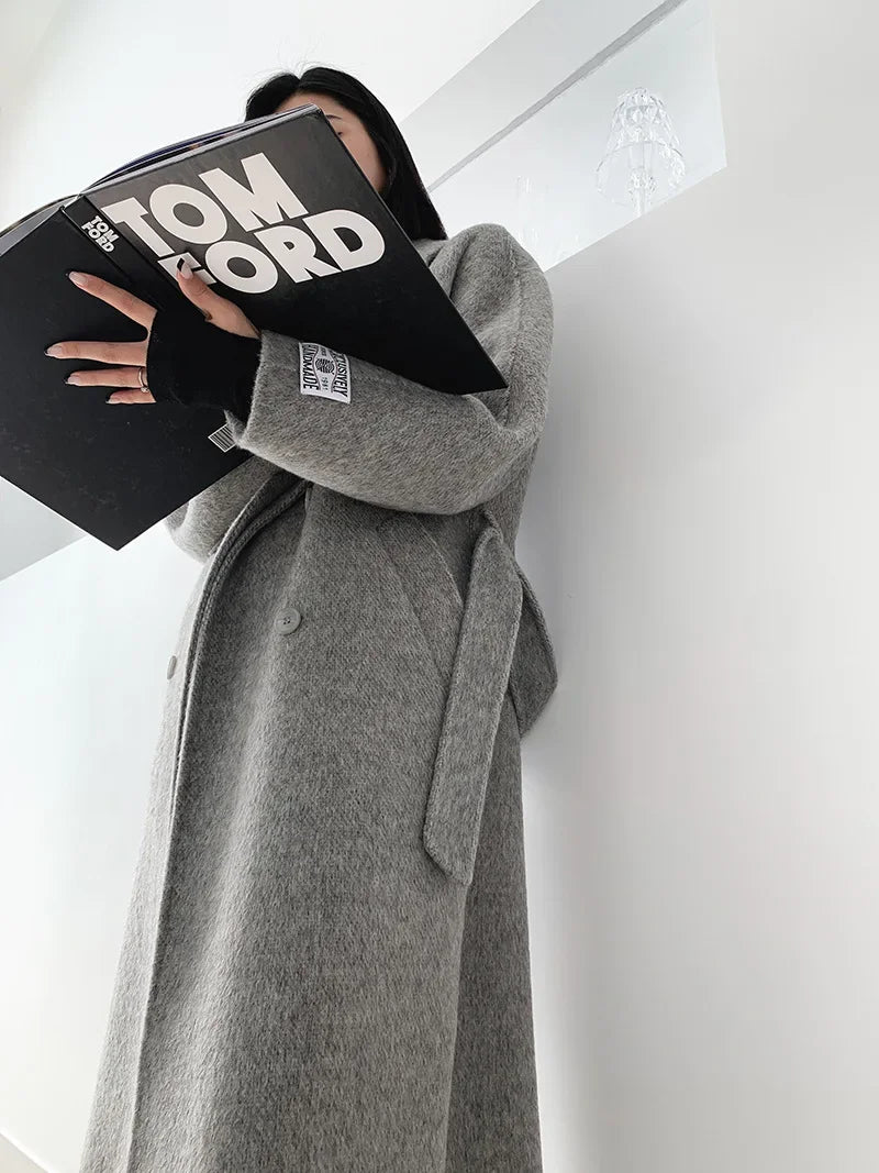 2024 Autumn Winter Wool Coat Women Double-breasted Solid Color Women's Double-sided Woolen Belt Coats Loose Warm Wool Jacket
