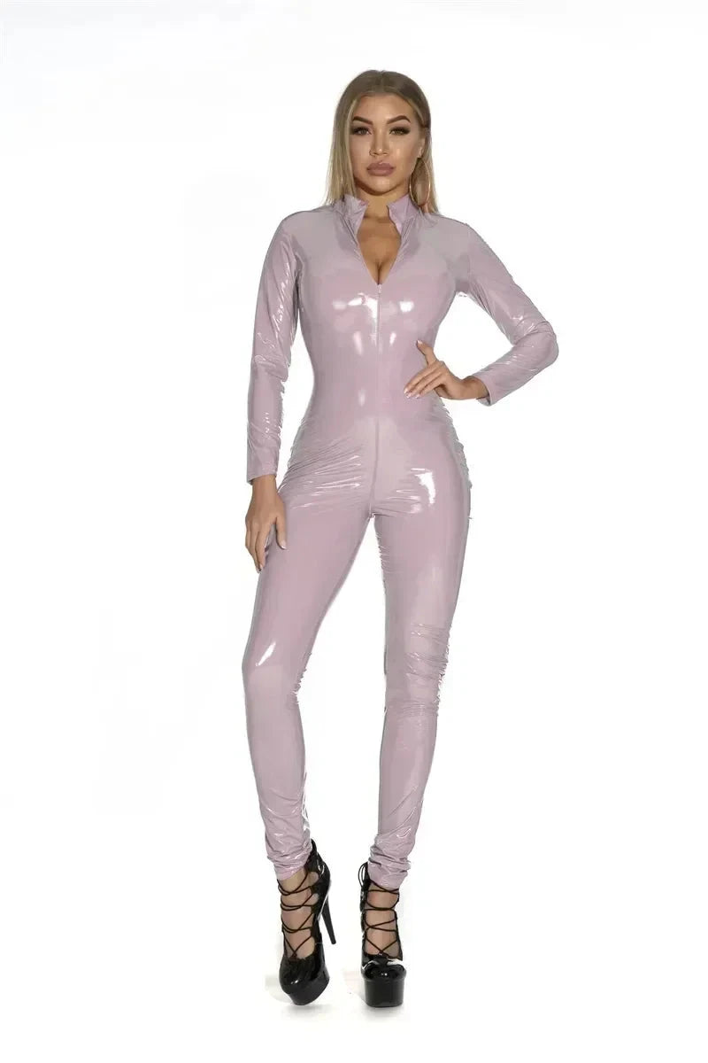 Women's Wet Look Shiny PU Faux Leather Jumpsuit Suit Long Sleeve Zipper Open Crotch Latex Bodysuit Clubwear Plus Size Viralgem Store