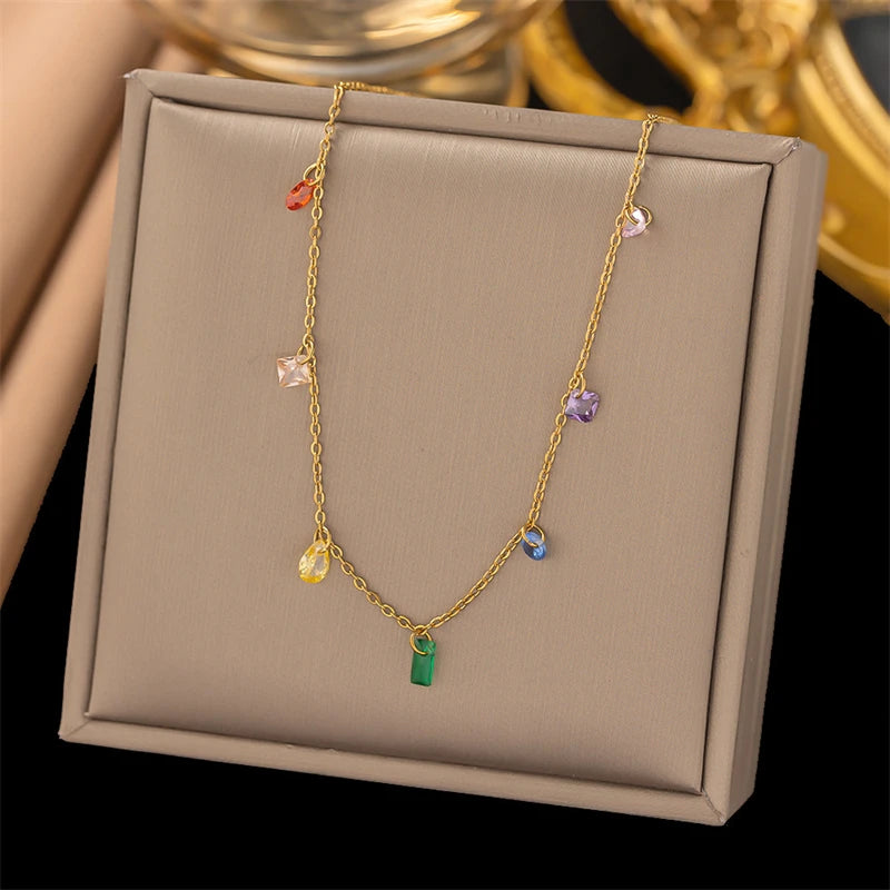 316L Stainless Steel New Fashion Fine Jewelry Colorful Zircons Different Shapes Charm Chain Necklaces Bracelets Anklet For Women