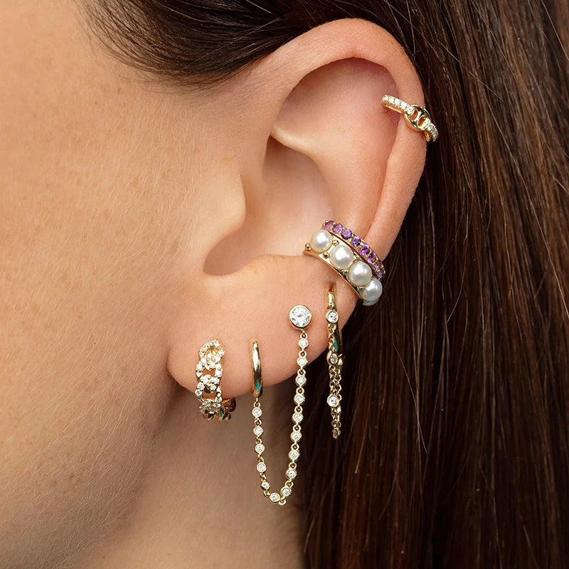 YUXINTOME 1PC 925 Sterling Silver Ear Needle Colorful Zircon Chain Tassel Hoop Earrings for Women Two Holes Earring Jewelry A45