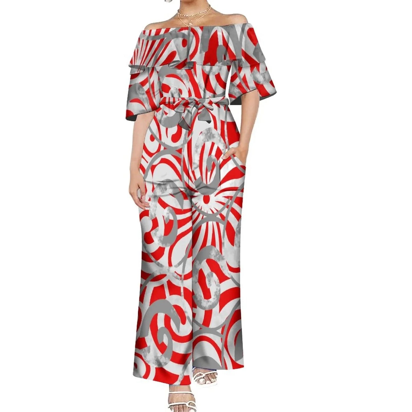 Drop Shipping Custom Polynesian Off Shoulder Frill Women One Piece Rompers Lace Up Oversized Jumpsuit With Belts Viralgem Store