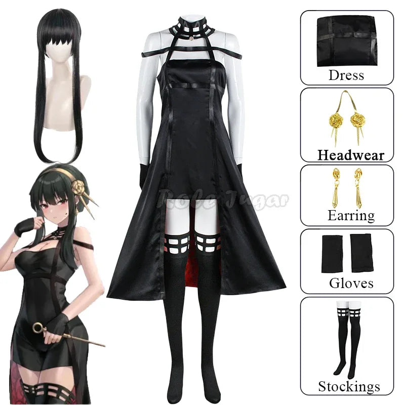 Yor Forger Cosplay Costume Anime Spy X Family Cosplay Wig Dress Suit Black Red Uniform Gothic Halter Halloween Women Clothes Viralgem Store