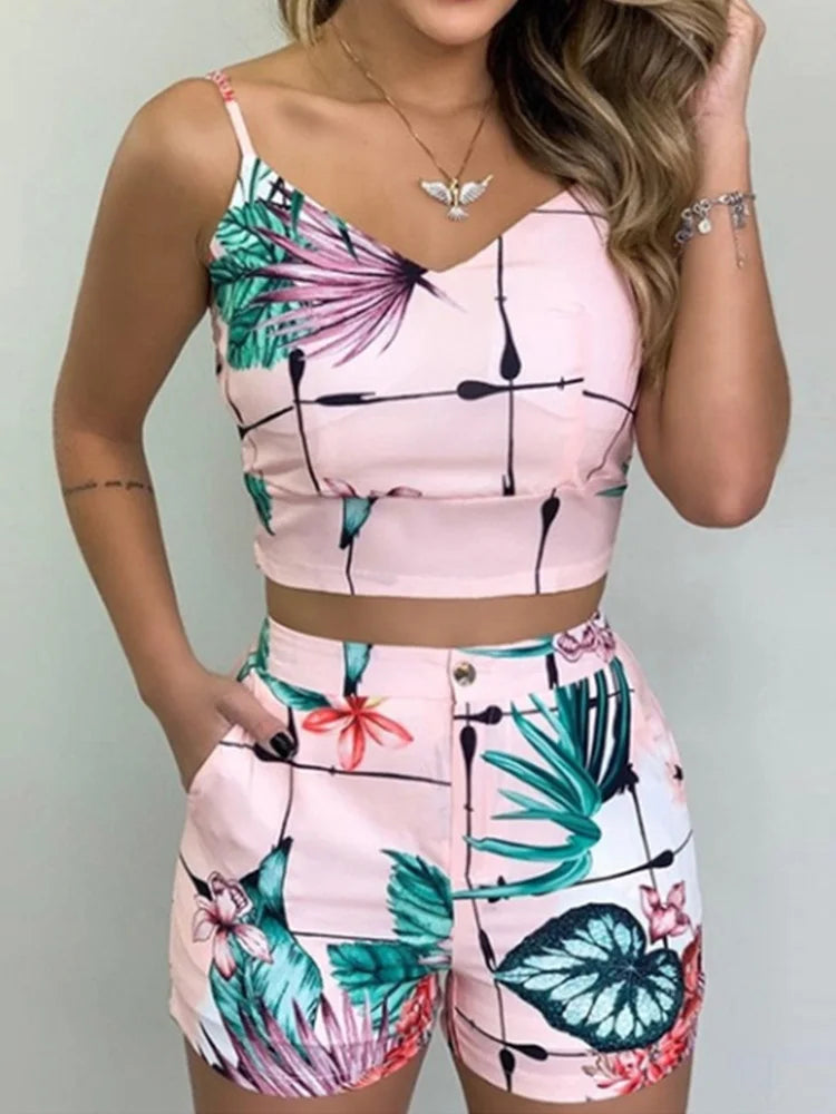 Women Fashion Summer Two Piece Set Sleeveless Floral Vest Shirts + Short Pants Elegant Women's Ensembles 2Pcs Set Streetwear Viralgem Store