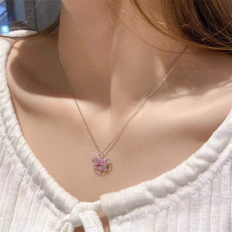 Y2K Pink Planet Heart Zircon Pendant Necklaces Women Fashion Aesthetic Clavicle Chain Necklace Valentines Day Gift Party Jewelry Viralgem Store