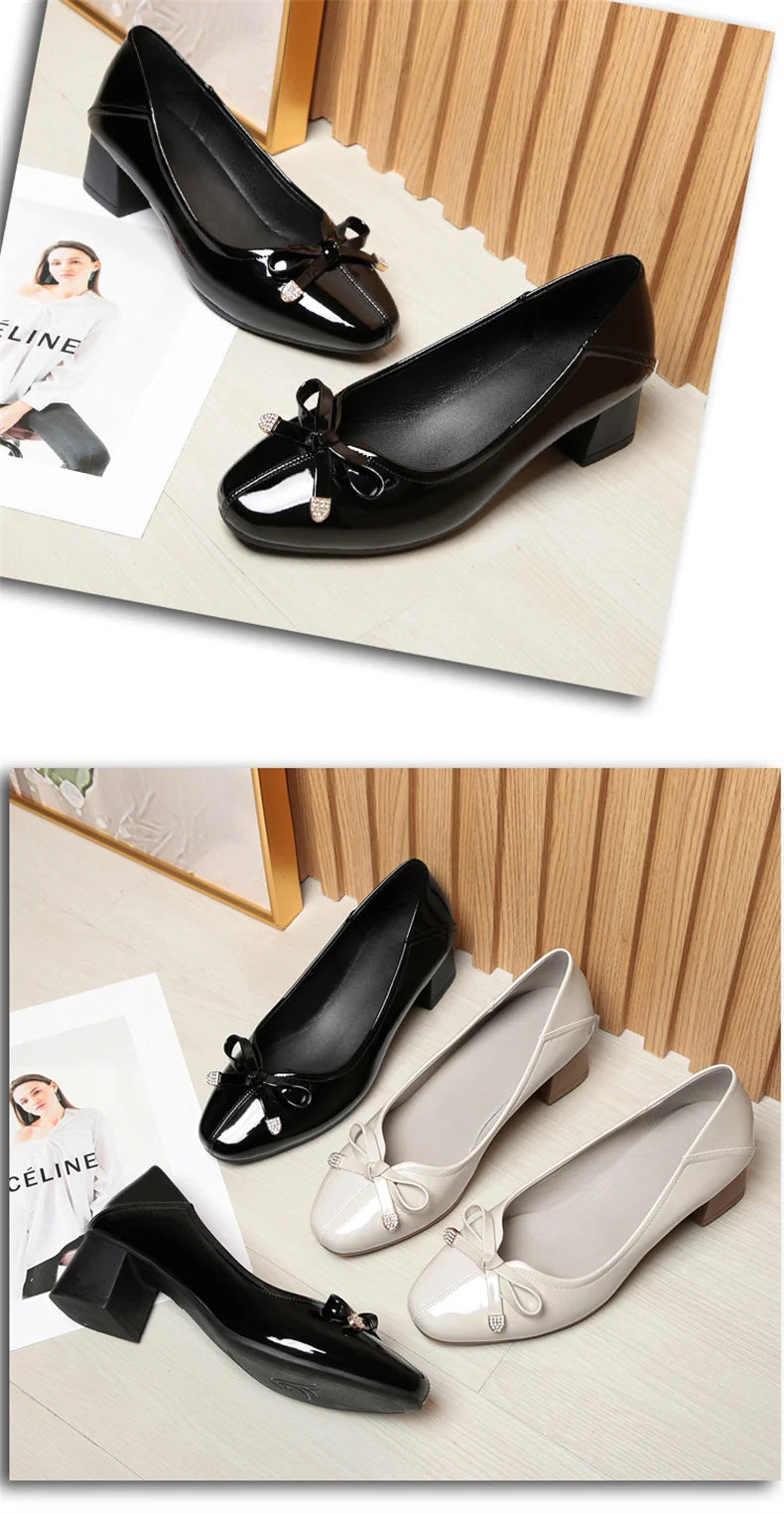 Spring New Comfort Soft Bottom Round Toe Solid Ballet Shoes Low Heel Bow Pumps Low Top Flat Patent Leather Single Shoes Viralgem Store