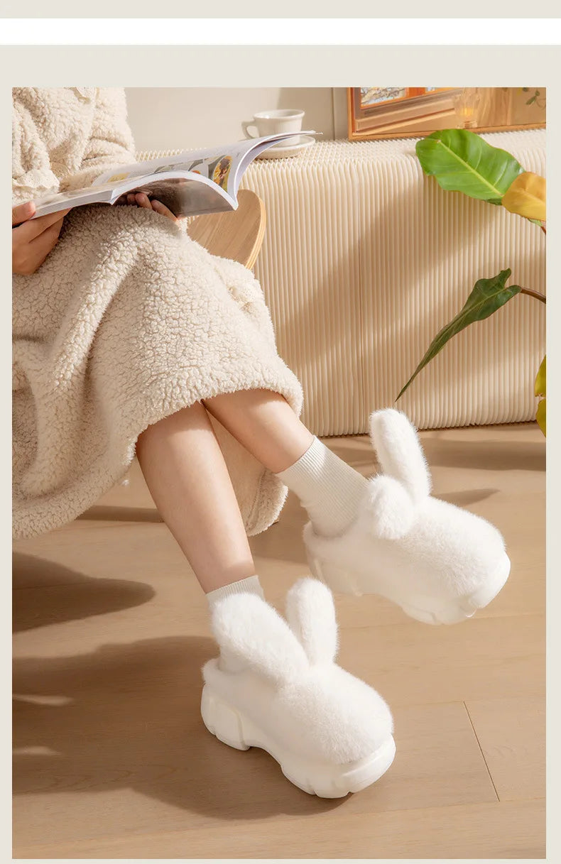 8 cm High platform fur slippers women's winter fluffy ear home shoes woman white bunny rabbit slippers woman house clog shoes
