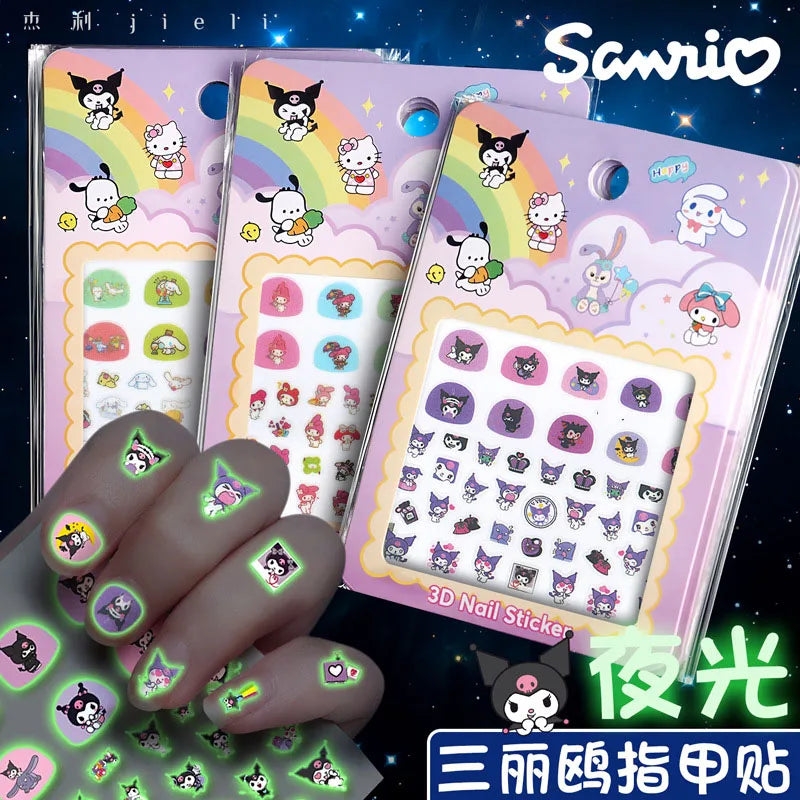 5pcs/set Children Cartoon Luminous Nail Stickers Sanrio Hello Kitty Melody Kuromi Glow In The Dark Adhesive Slider Manicure Deca