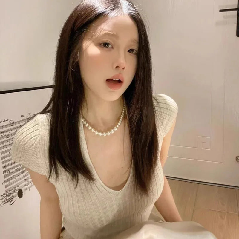 Women Sexy V-neck Knitted Short Sleeve T-shirt Summer Solid Vintage Slim Simple Commute Thin Top Pullovers Viralgem Store