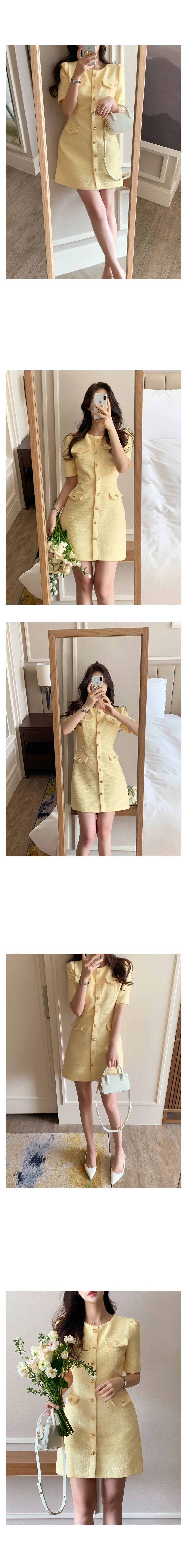 Temperament  Small Fragrance O-neck Vestidos 2024 Summer Korean Chic High Sense Tweed Puff Sleeve Dress Short Dresses Woman