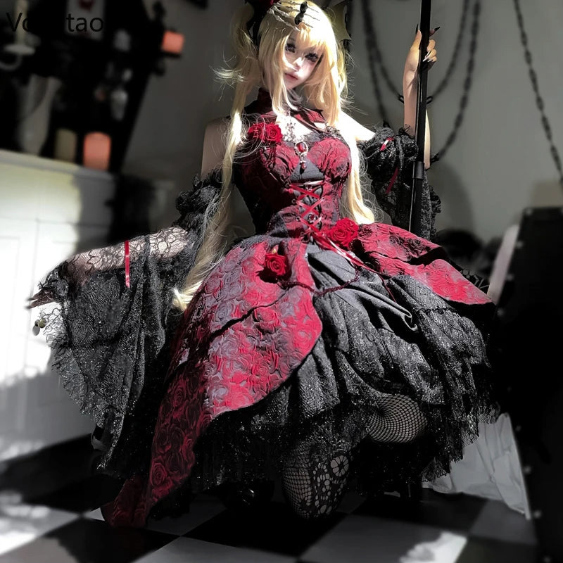 Victorian Gothic Lolita Dress Set Women Y2k Retro Rose Print Bandage Evening Party Dresses With Black Lace Sleeve Elegant Dress Viralgem Store