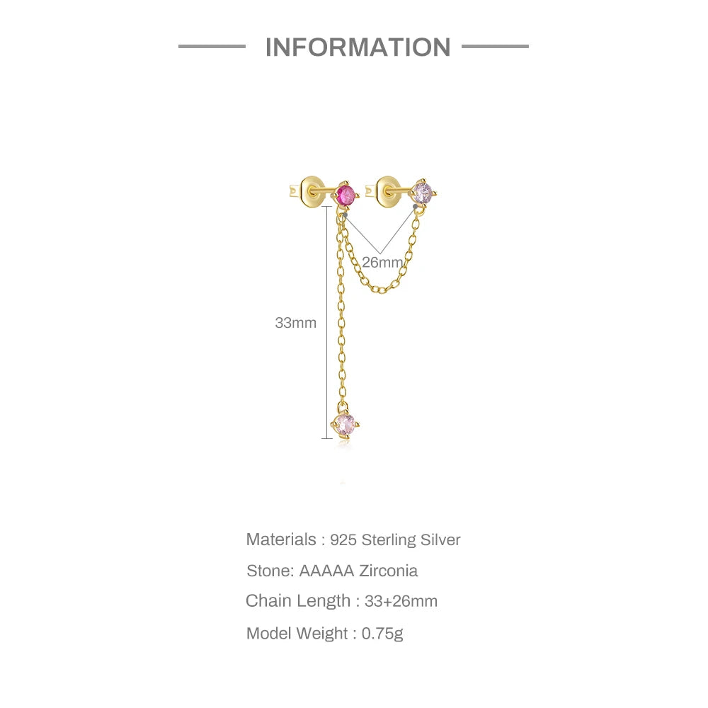 Aide 925 Sterling Silver 1pc Four Zircons Charm Chain Tassel Earrings For Women Double Studs Sparkling CZ Pave Cartilage Clips