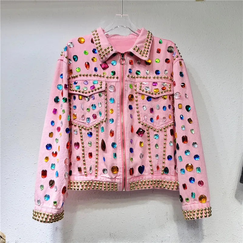 Women Rainbow Diamonds Beaded Pink Denim Coat Loose Rhinestones Jeans Jacket Long Sleeve Crystal Cowboy Cardigan Rivets Tops