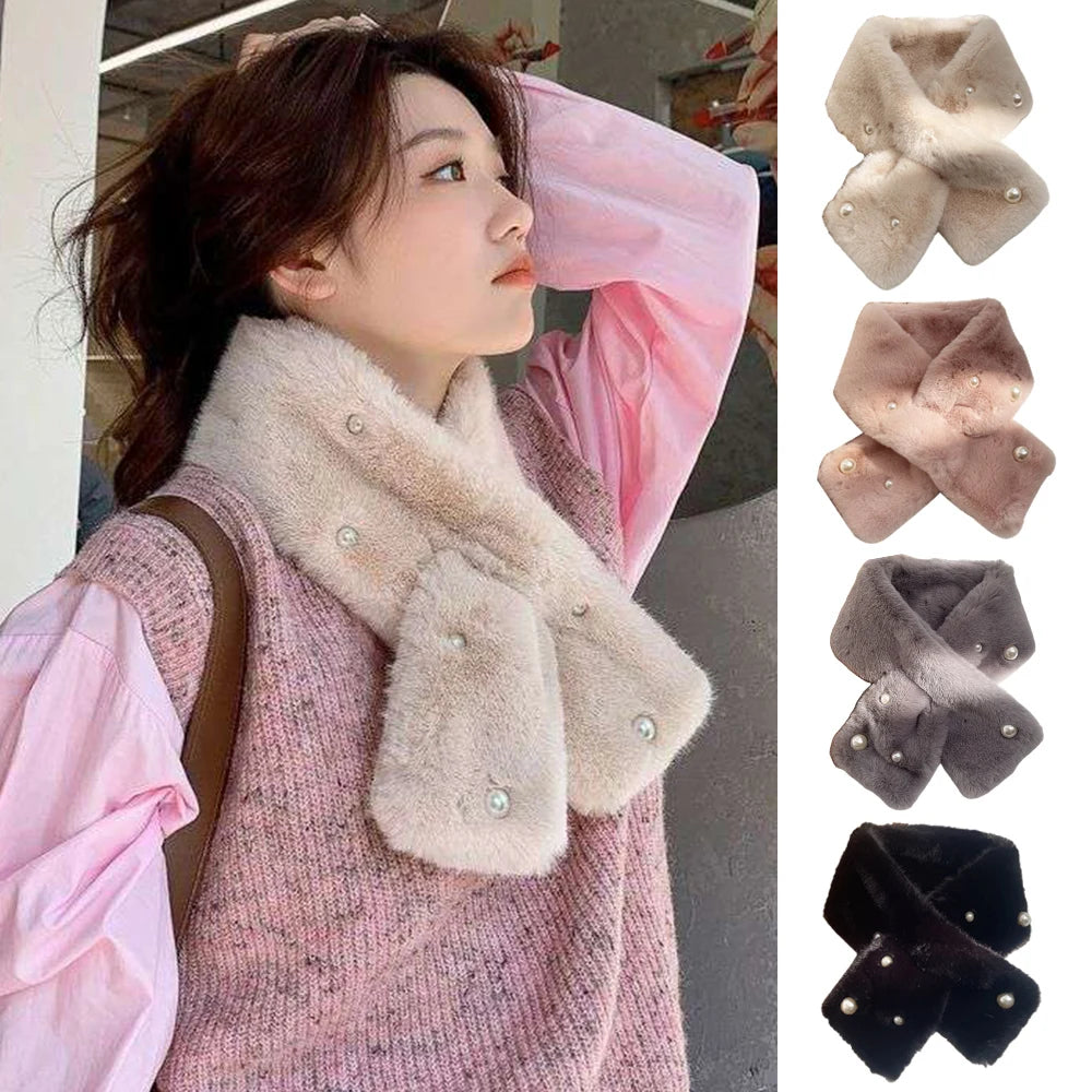 2023 Pearl Faux Rabbit Fur Scarf Women Cute Neck Warmer Winter Warm Soft Furry Scarves Outdoor Windproof Cross Scarf Collar New