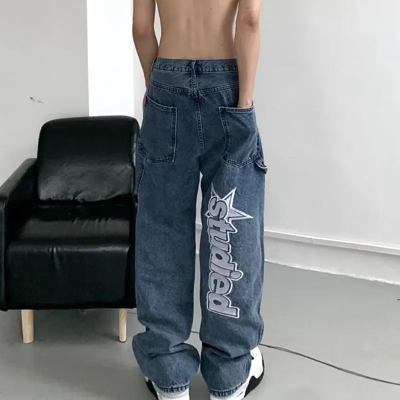 Y2K Women Fashion Streetwear Casual Letter Print Straight Wide Leg Pants Baggy Denim Trousers Men Low Rise Jeans Clothes
