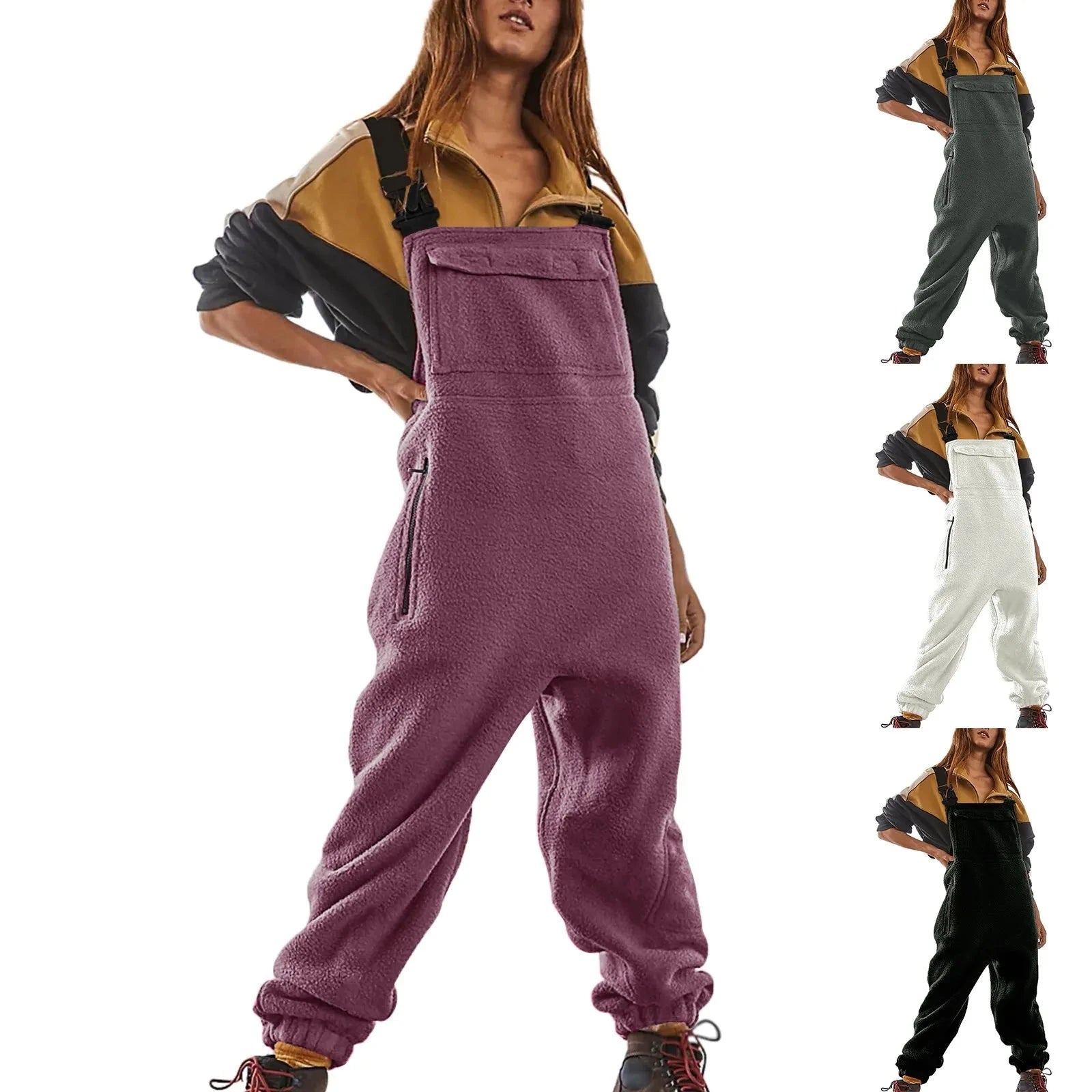 Womens Fleece Overalls One-piece Bibs Jumpsuits Adjustable Suspender Straps Warm Winter Fuzzy Ski Pants macacão feminino 점프슈트 Viralgem Store