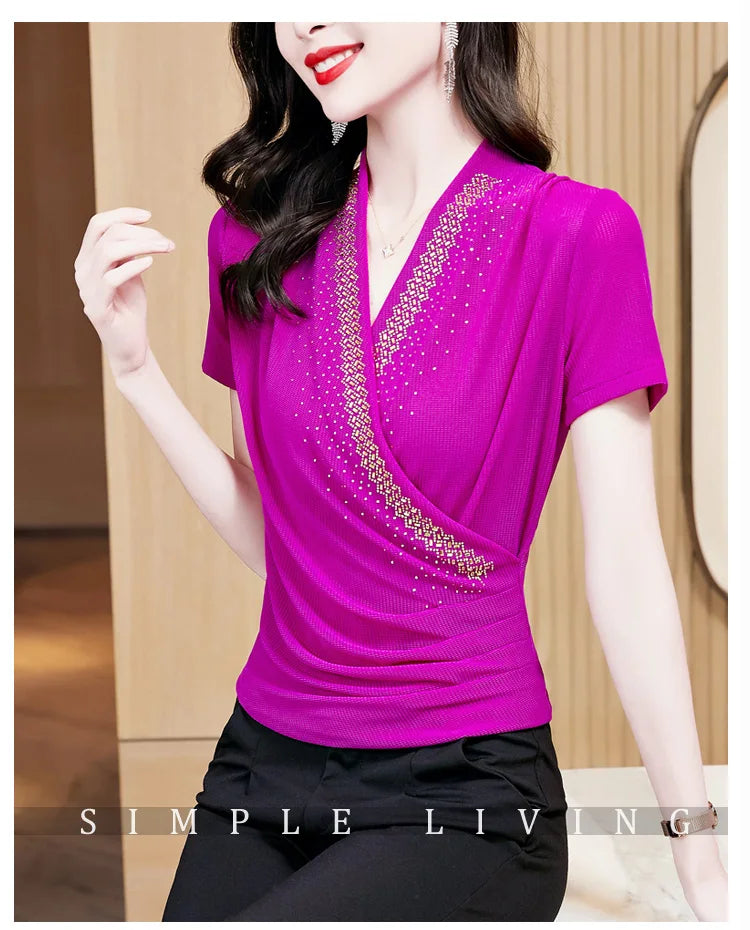 Summer Women's Short Sleeve T-shirt V-neck Korean Version Fashion Tops Female Shinning Ringstones Mesh Slim T Shirt