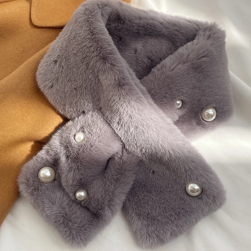 2023 Pearl Faux Rabbit Fur Scarf Women Cute Neck Warmer Winter Warm Soft Furry Scarves Outdoor Windproof Cross Scarf Collar New