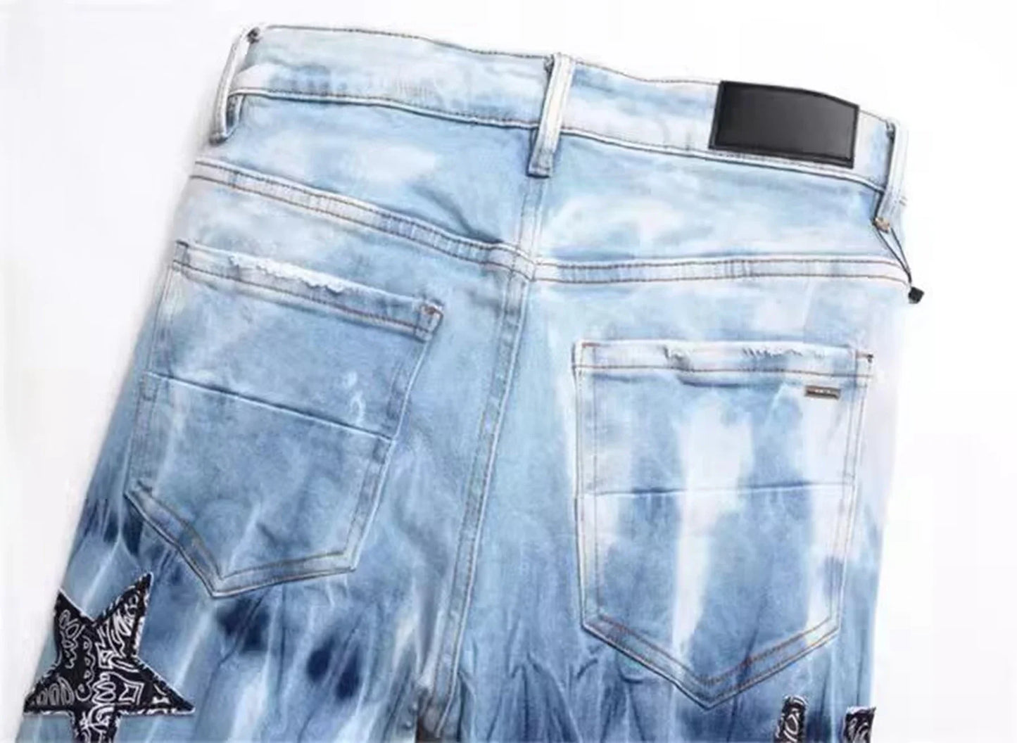 Y2K Star Embroidery Broken Hole Jeans Tie Dyed  Light Blue Cotton Stretch Streetwear Fashion Brand Men's Skinny Denim Pants
